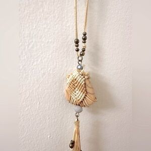 Boho Blush Pink Peach Stone Pendant Long Tassel Necklace